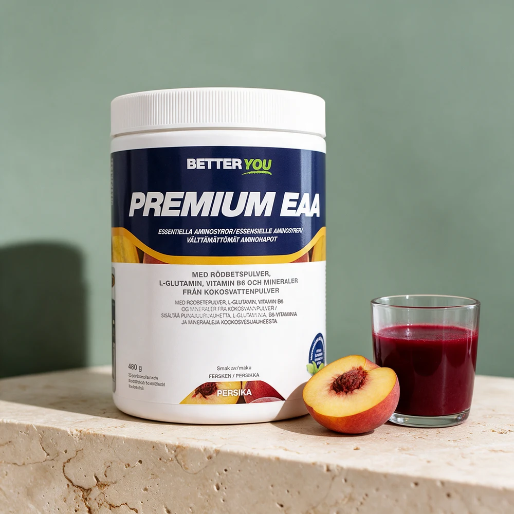 Better You Premium EAA med fersken, hvit boks på 480 gram merket «Med rödbetspulver, L-glutamin, vitamin B6 och mineraler»