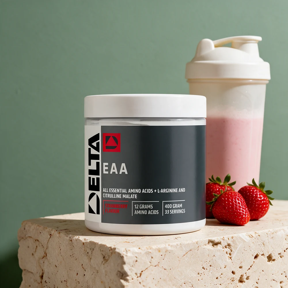 Delta Nutrition EAA med jordbærsmak, boks på 400 gram merket «All essential amino acids + L-arginine and citrulline malate»
