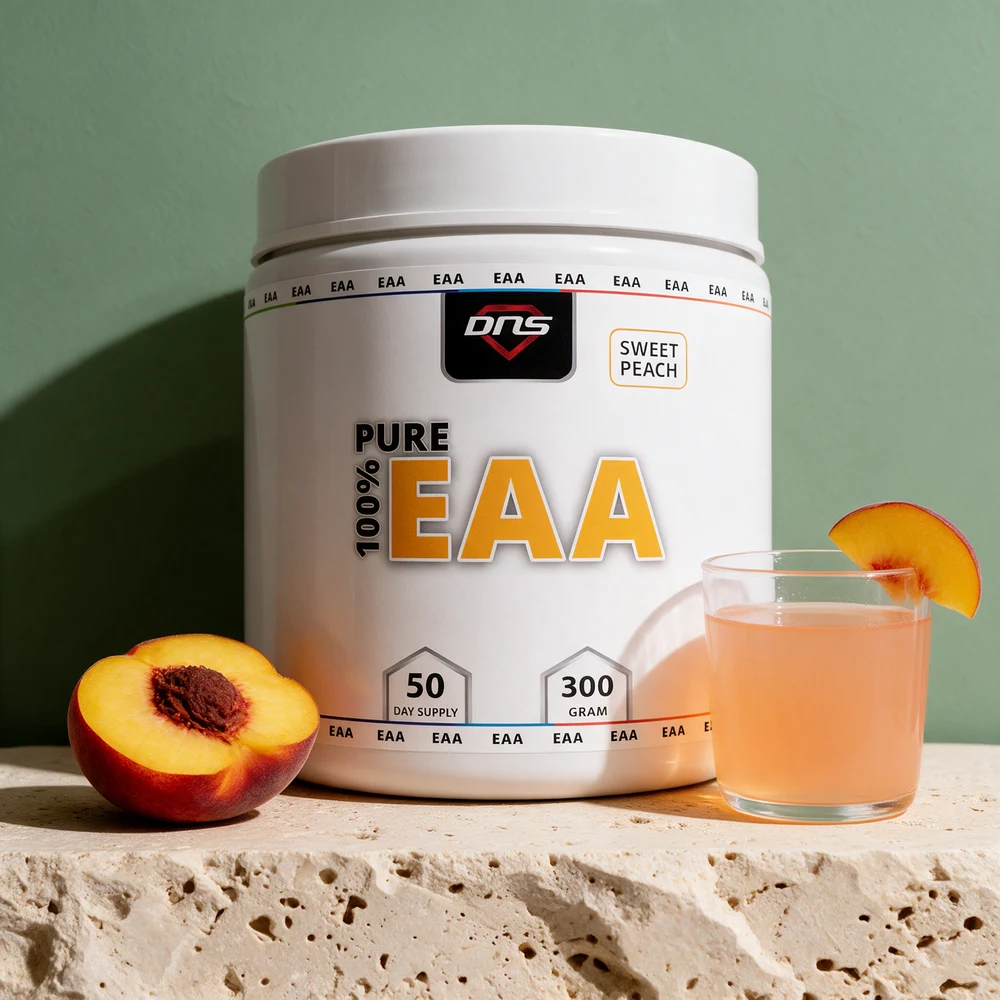 DNS 100% Pure EAA med Sweet Peach, hvit boks på 300 gram merket «50 day supply»