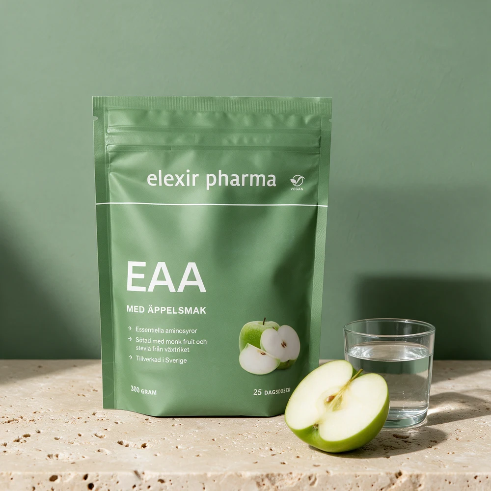 Elexir Pharma EAA med äppelsmak, grønn pose på 300 gram merket «Sötad med monk fruit och stevia»
