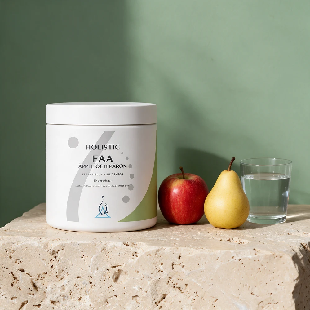 Holistic EAA Äpple och päron, hvit boks merket «Innehåller sötningsmedel – steviolglykosider från stevia»