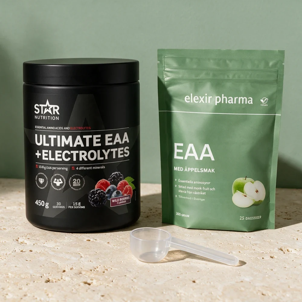 Star Nutrition Ultimate EAA + Electrolytes merket 15 g per serving og Elexir Pharma EAA i pose på 300 gram