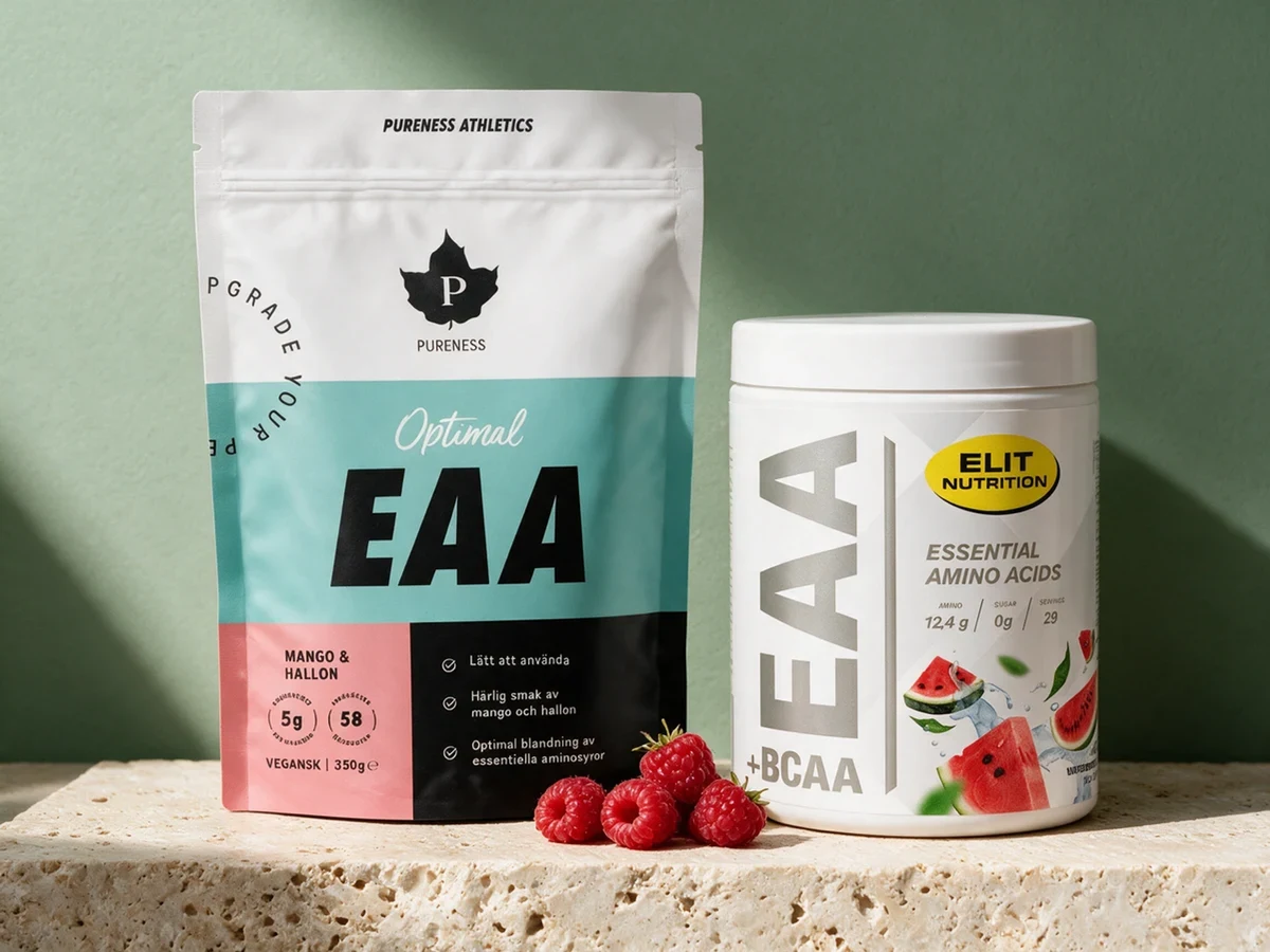 Pureness Athletics EAA i pose og Elit Nutrition EAA + BCAA i boks med vannmelonsmak