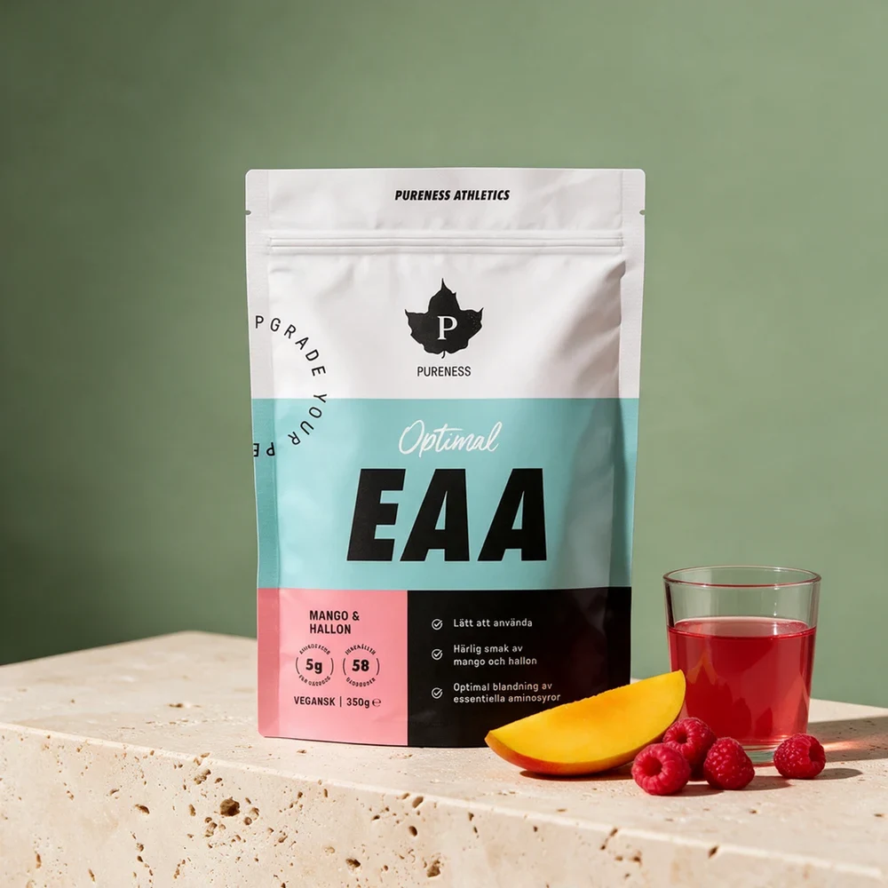 Pureness Athletics Optimal EAA med mango og hallon, pose på 350 gram merket vegansk