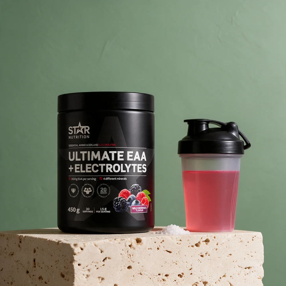 Star Nutrition Ultimate EAA + Electrolytes, svart boks merket «10.8 g EAA per serving» og «4 different minerals»