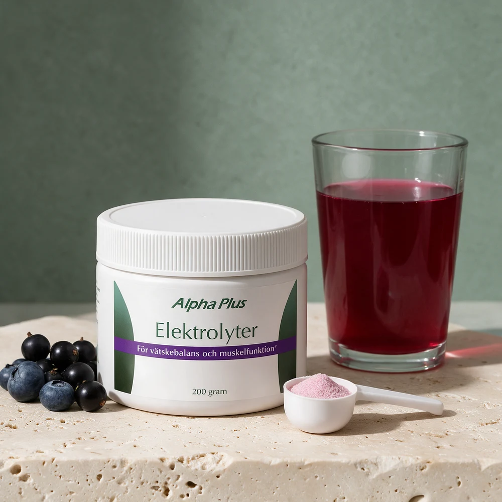 Alpha Plus Elektrolyter, 200 gram, med måleskjeen og rødlig skogsbærdrikk