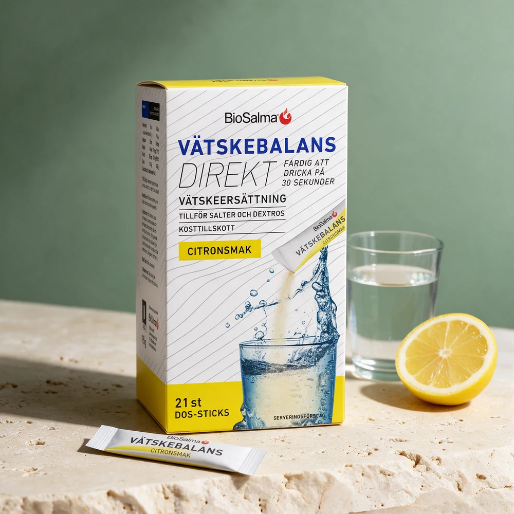 BioSalma Væskebalanse Direkt, eske med 21 sticks med sitronsmak, og én stick foran