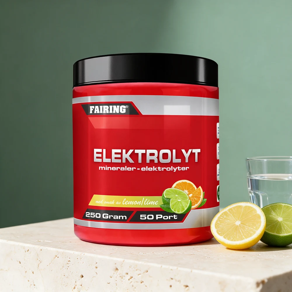 Fairing Elektrolyt lemon/lime, 250 gram med 50 porsjoner, ved et glass vann