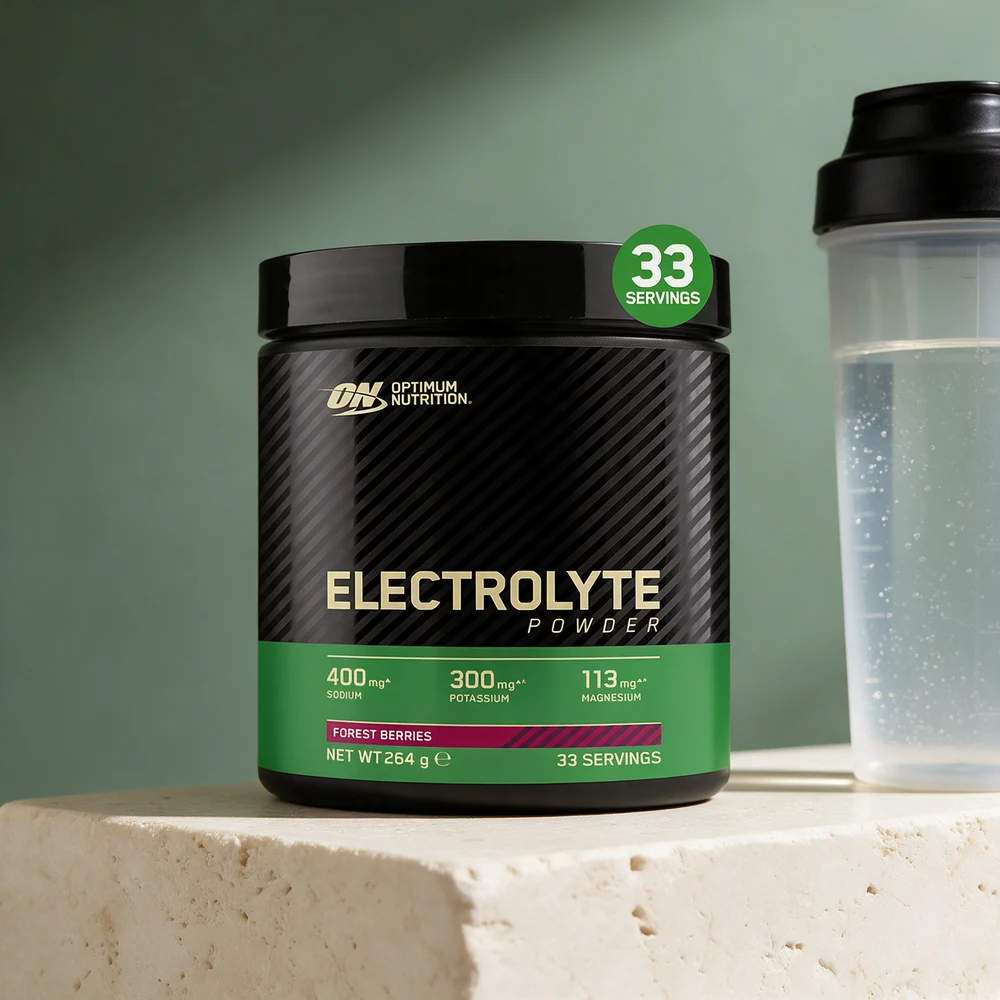 Optimum Nutrition Electrolyte Powder, Forest Berries, 264 gram, og en shaker