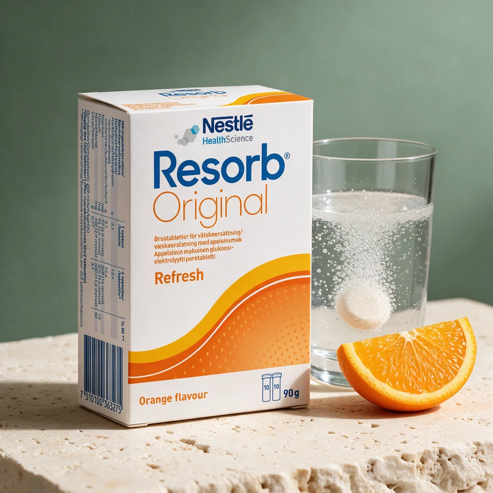 Resorb Original med appelsinsmak og en brusetablett som bruser i vann