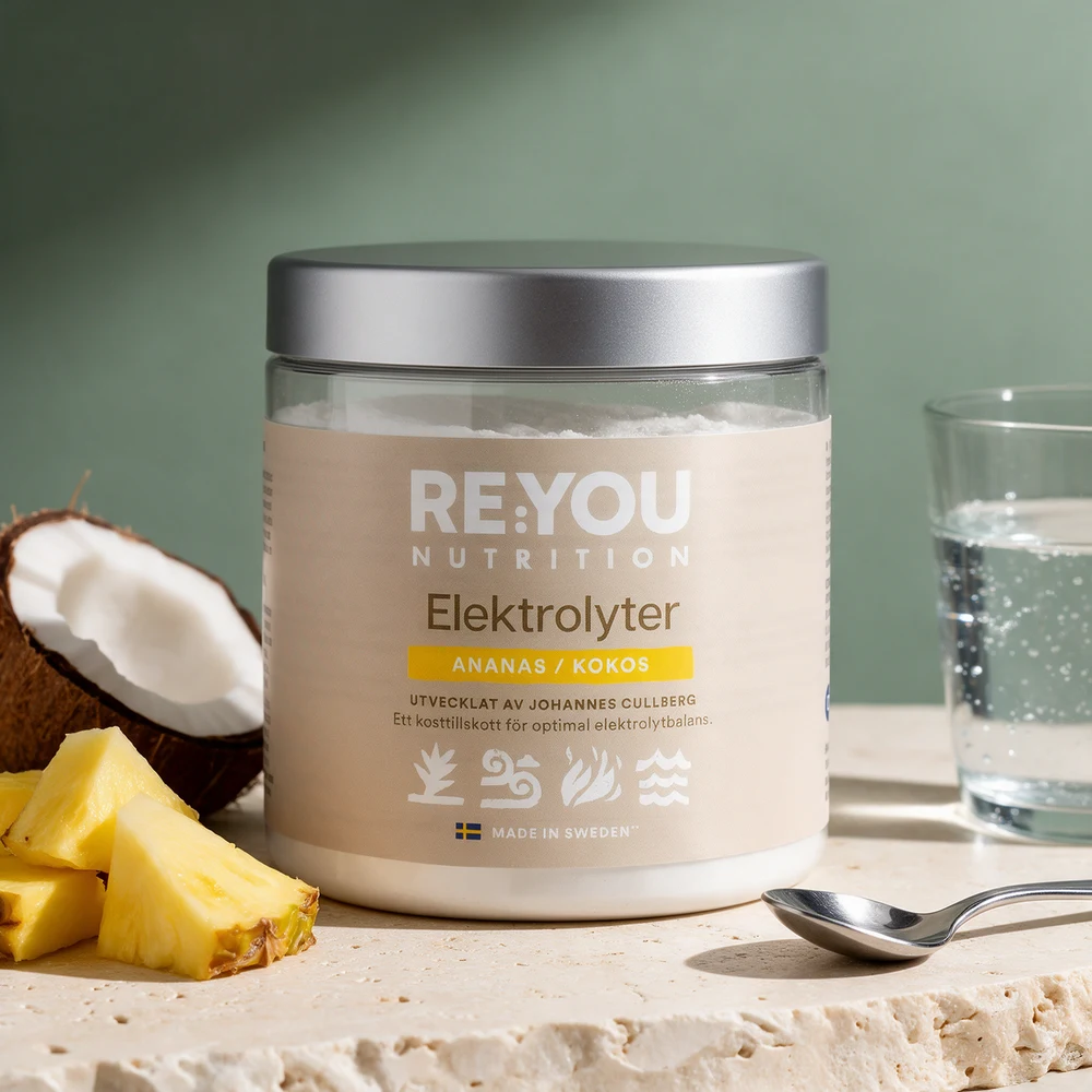RE:YOU Elektrolyter med ananas og kokos, 360 gram, og en teskje