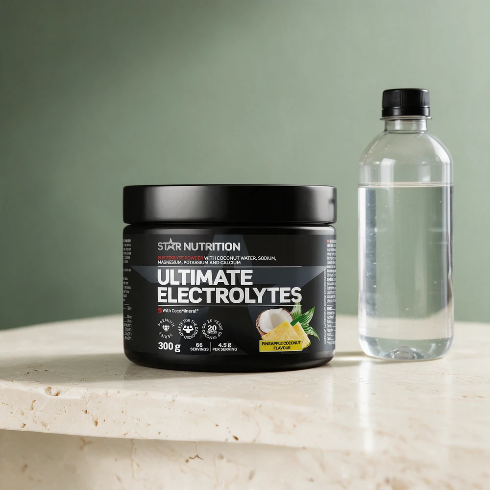 Star Nutrition Ultimate Electrolytes, 300 gram med ananas og kokos, og en drikkeflaske