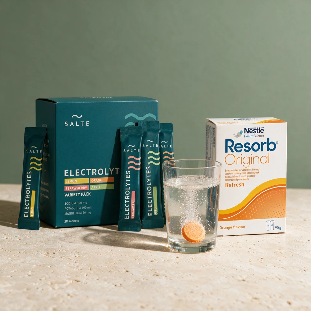 Salte Electrolytes Variety Pack med poser og Resorb Original, eske med brusetabletter