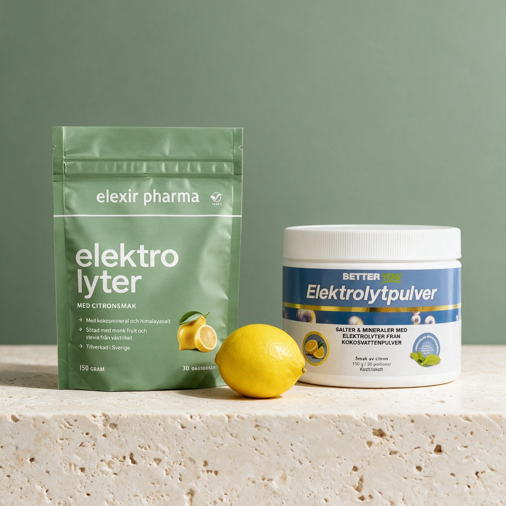 Elexir Pharma Elektrolyter i pose og Better You Elektrolytpulver i boks, begge med sitronsmak