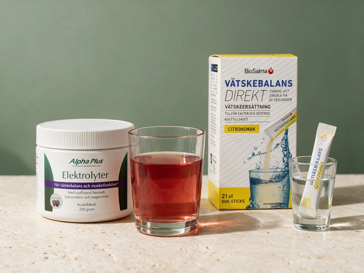 Alpha Plus Elektrolyter, boks på 200 gram, og BioSalma Væskebalanse Direkt, eske med 21 sticks