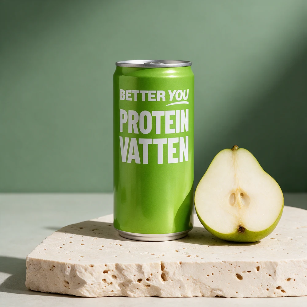 Better You Proteinvann Koffein, grønn 330 ml-boks med en halv pære