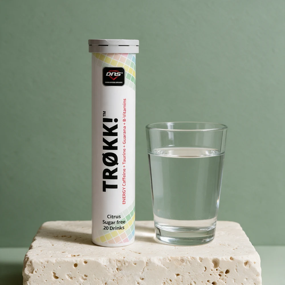 DNS Trøkk! Energi, rør merket «Citrus, Sugar free, 20 Drinks»