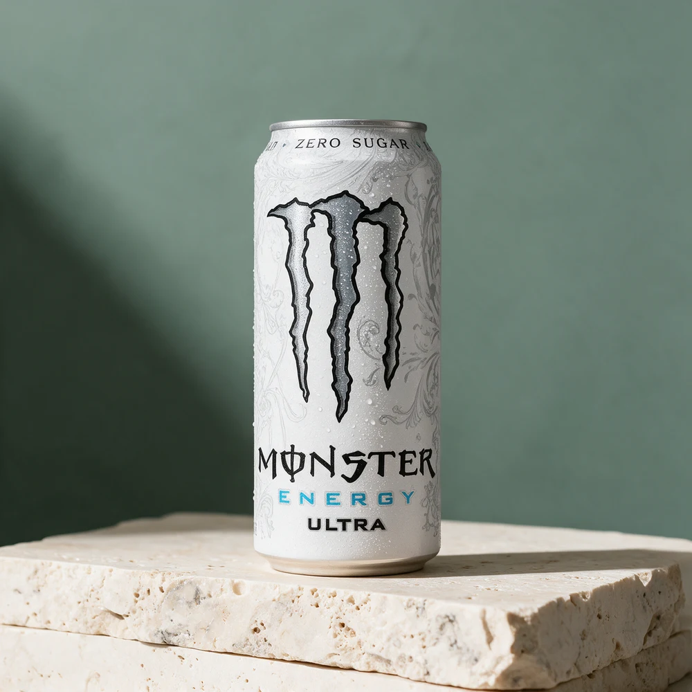 Monster Energy Ultra White, hvit 500 ml-boks med «Zero Sugar» i kanten