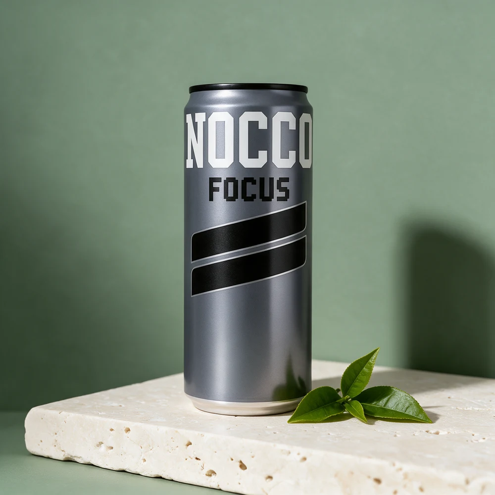 NOCCO Focus, grå 330 ml-boks med blader av grønn te