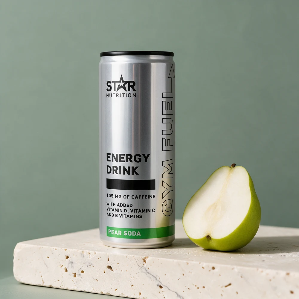 Star Nutrition Gym Fuel Pear Soda, 330 ml-boks merket «105 mg of caffeine»