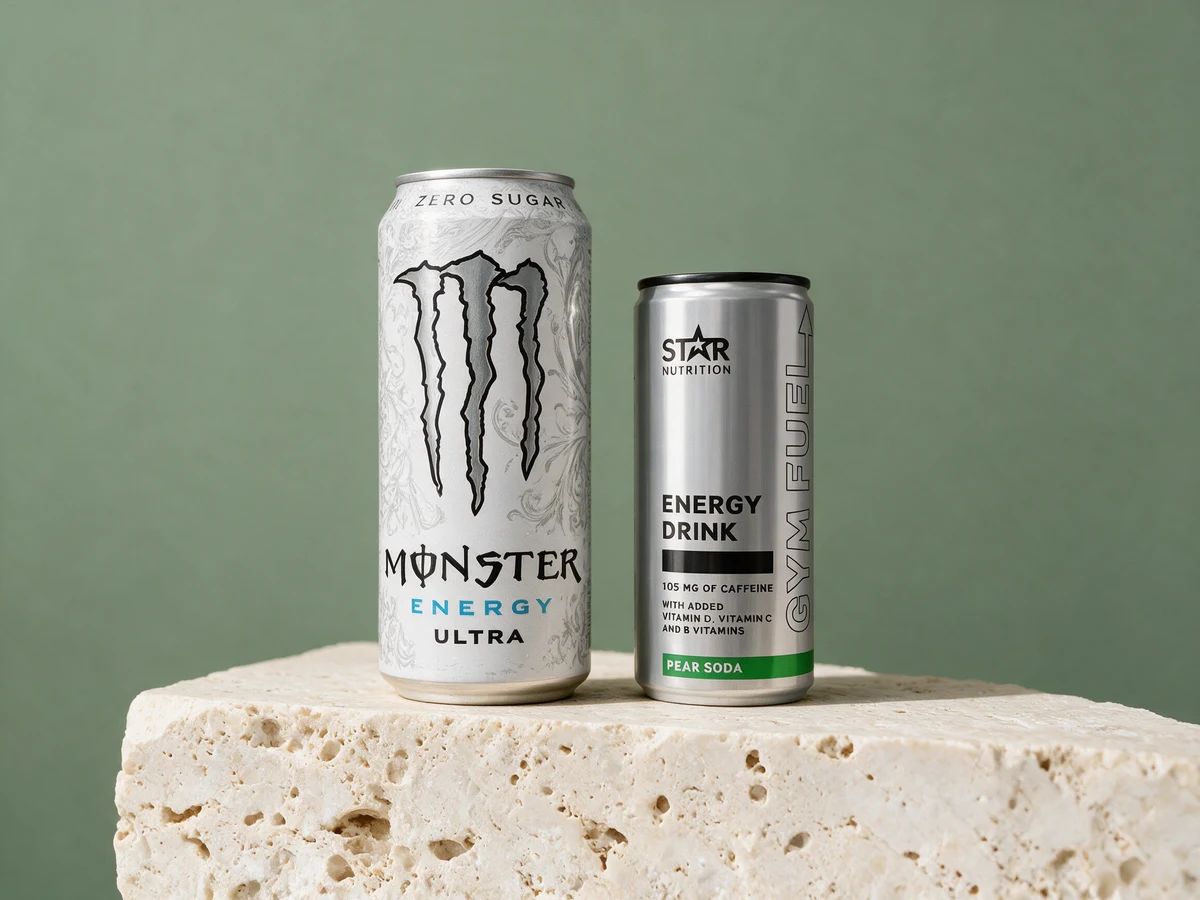 Monster Energy Ultra og Star Nutrition Gym Fuel, der halvliteren er tydelig større enn 330 ml-boksen