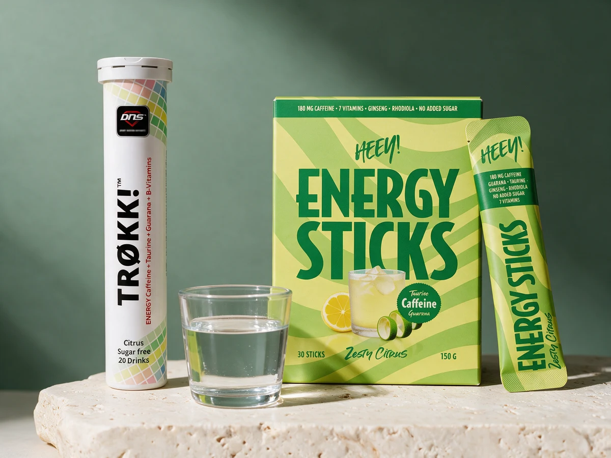 DNS Trøkk!-rør og eske med Heey! Energy Sticks, en enkelt stick lent mot esken, og et glass vann