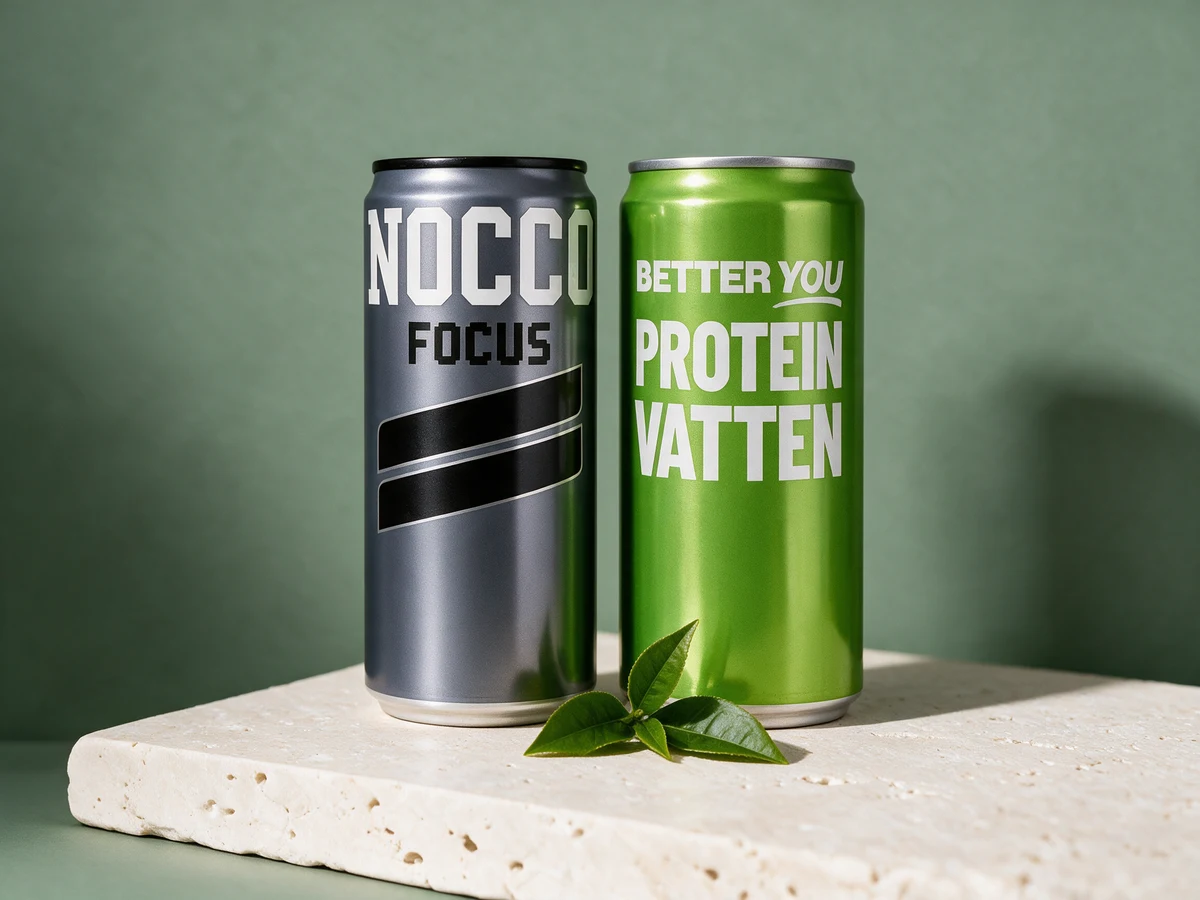 NOCCO Focus og Better You Proteinvann Koffein, to slanke 330 ml-bokser med teblader mellom dem