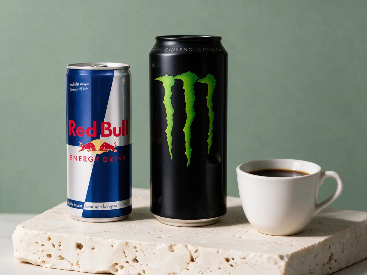 Red Bull Energy Drink, Monster Energy Original og en kopp svart kaffe