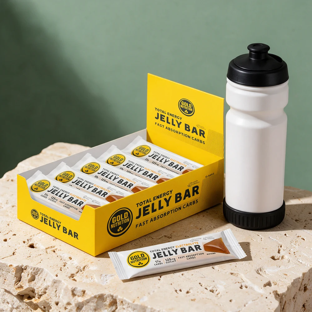 Gold Nutrition Jelly Bar Electrolyte, eske med femten barer og én bar foran