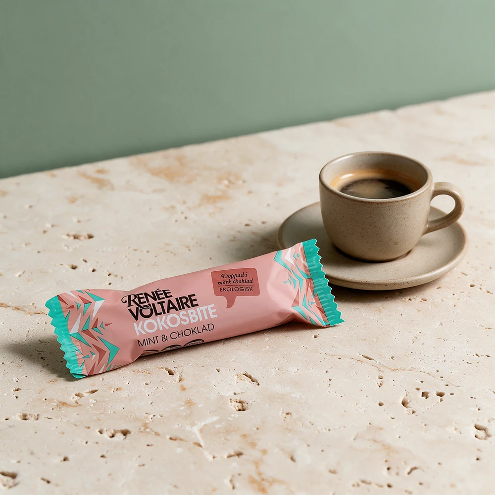 Renée Voltaire Kokosbite Mint & Sjokolade, én bar på 40 gram, ved en kopp kaffe