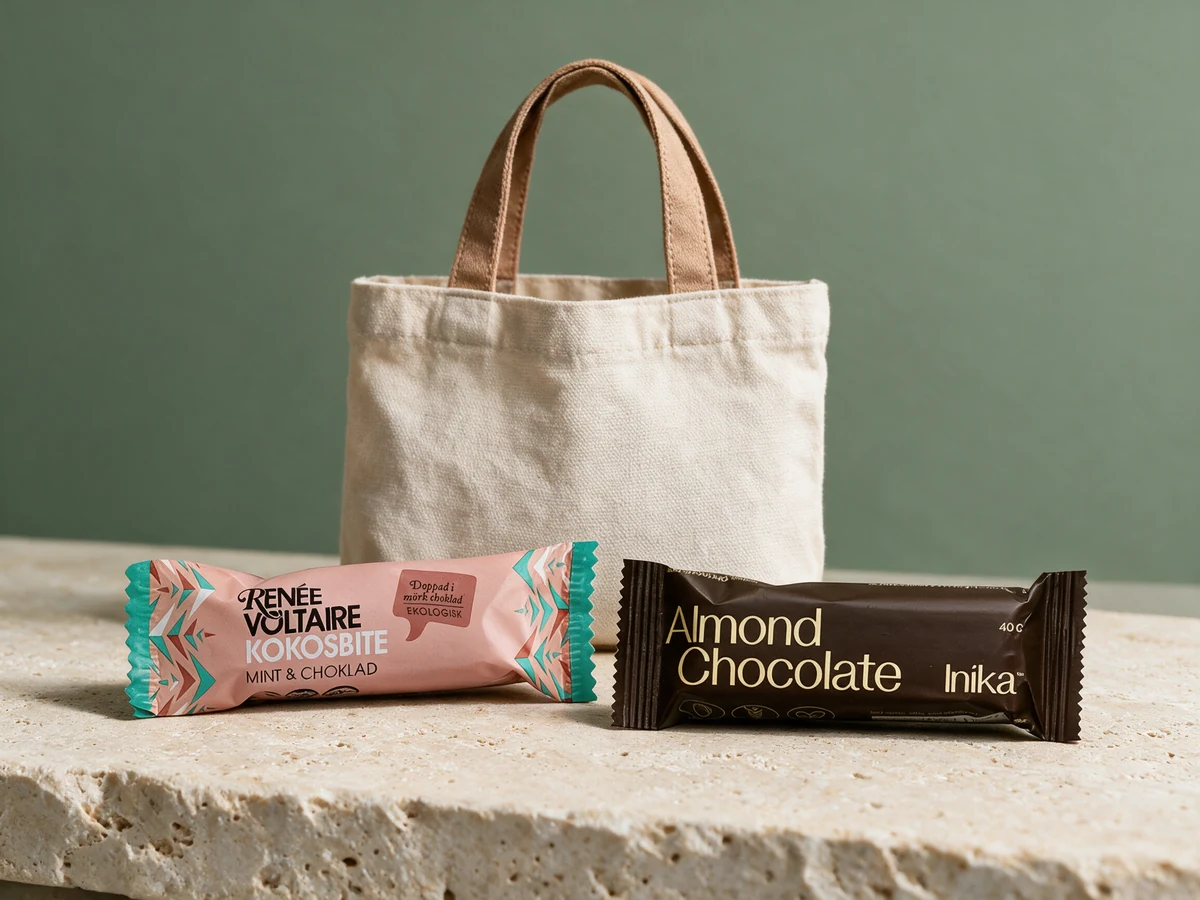 Renée Voltaire Kokosbite Mint & Sjokolade og Inika Almond Chocolate, to enkeltbarer på 40 gram