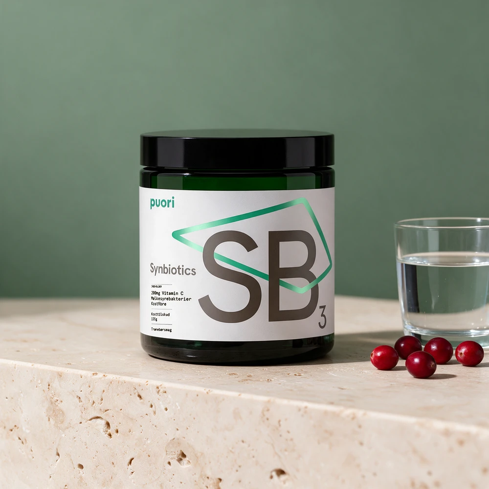 Puori SB3 Synbiotics med tranebærsmak og 200 mg C-vitamin på etiketten
