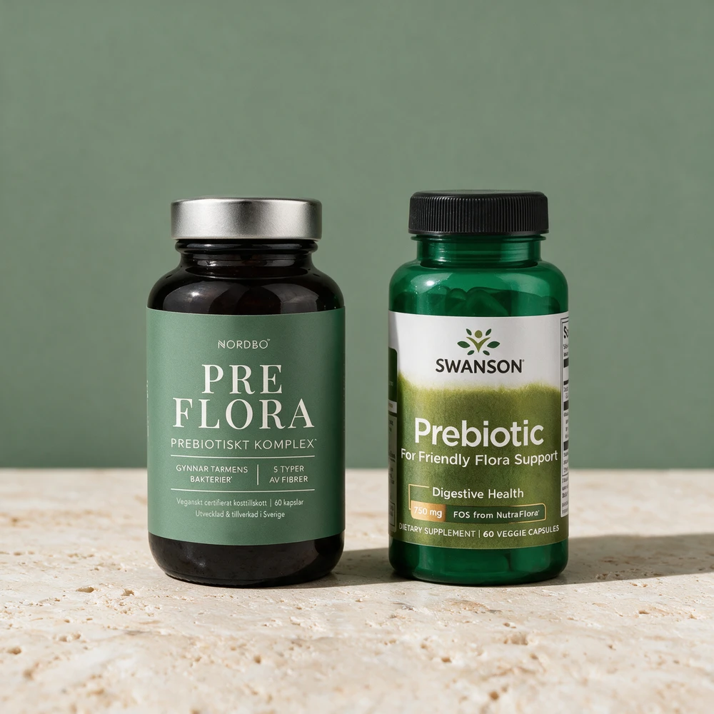 Nordbo PreFlora og Swanson Prebiotic med NutraFlora, to fiberkapsler med ulik fyllvekt