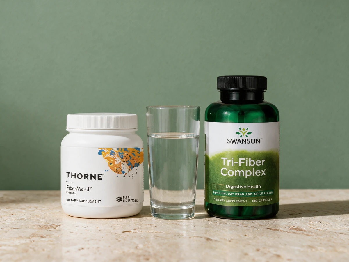 Thorne FiberMend, fiberpulver i boks, og Swanson Tri-Fiber Complex, fiberkapsler i boks