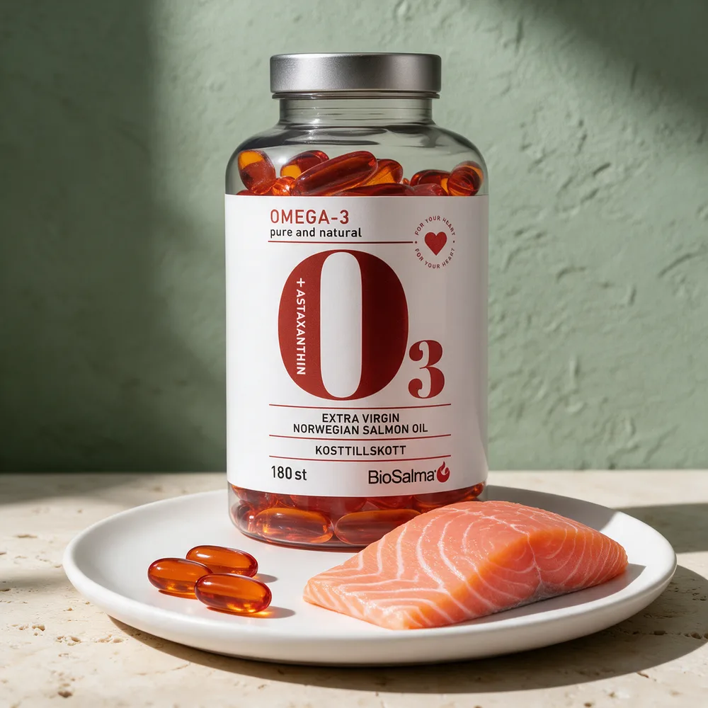 BioSalma Omega-3 Lakseolje med tre rødoransje kapsler foran boksen