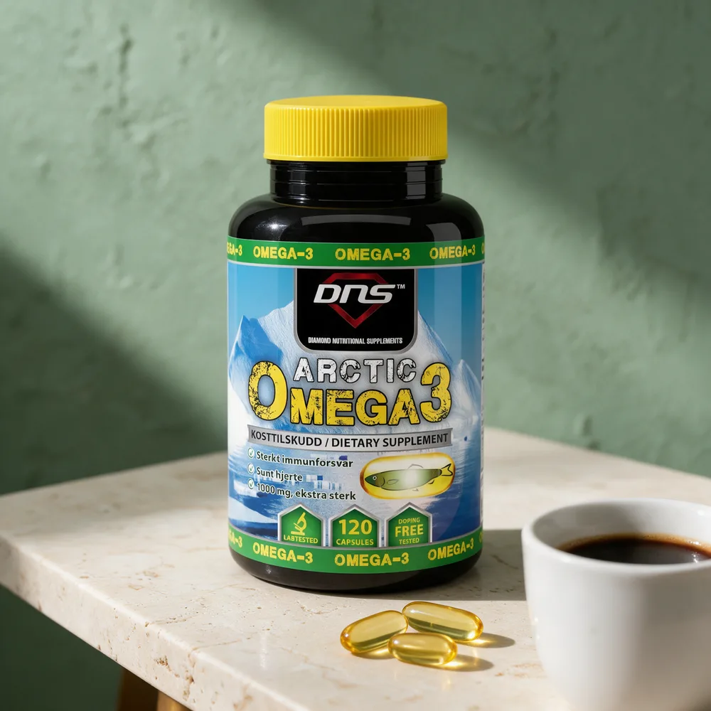 DNS Arctic Omega-3 med tre gylne kapsler foran boksen