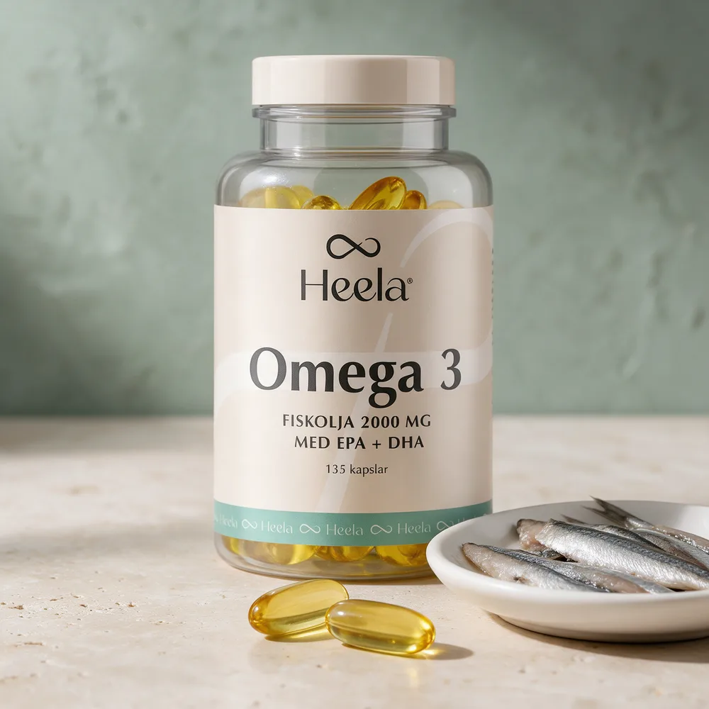 Heela Omega 3 med de to gylne kapslene som utgjør dagsdosen