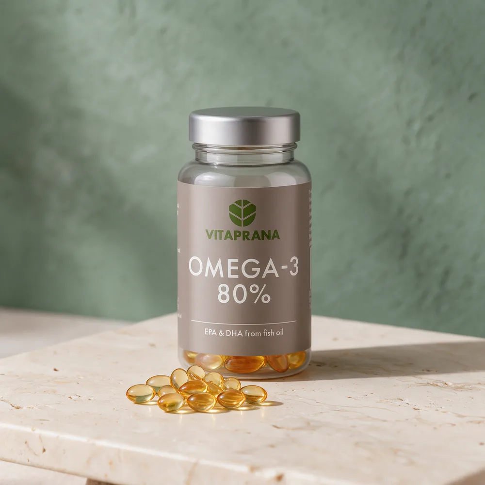 Vitaprana Omega-3 80 % med en liten haug små, oransjegylne kapsler