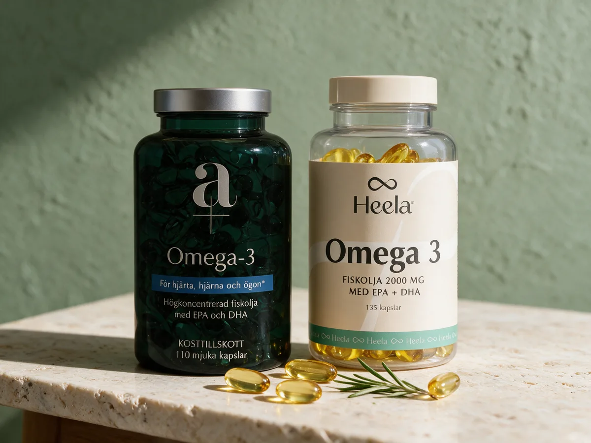 A+ Omega-3 i en mørk, tonet boks ved siden av Heela Omega 3 i en klar boks, med fire gylne kapsler foran
