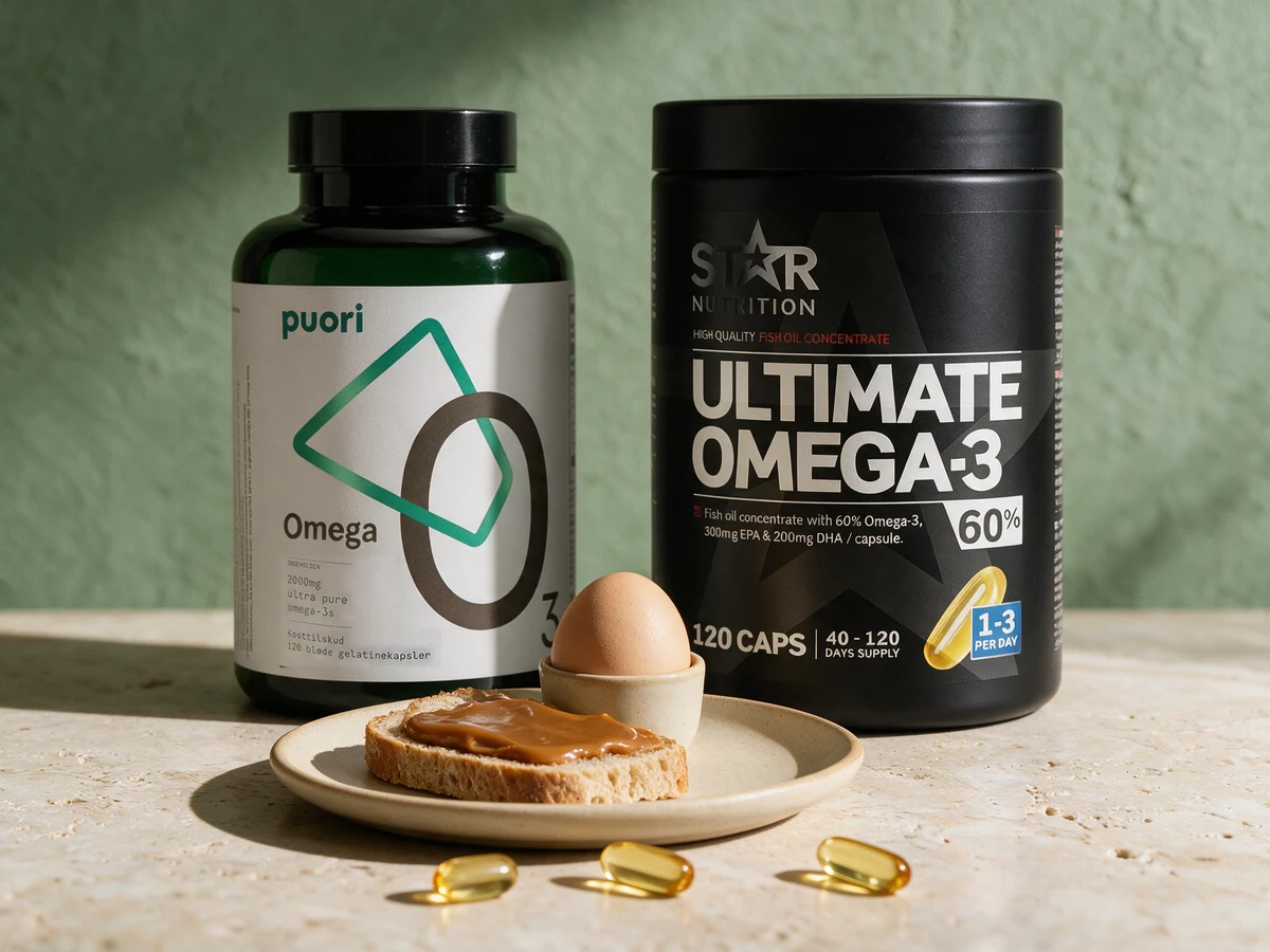 Puori O3 Omega-3 og Star Nutrition Ultimate Omega-3 60 % med tre kapsler ved en brødskive og et egg