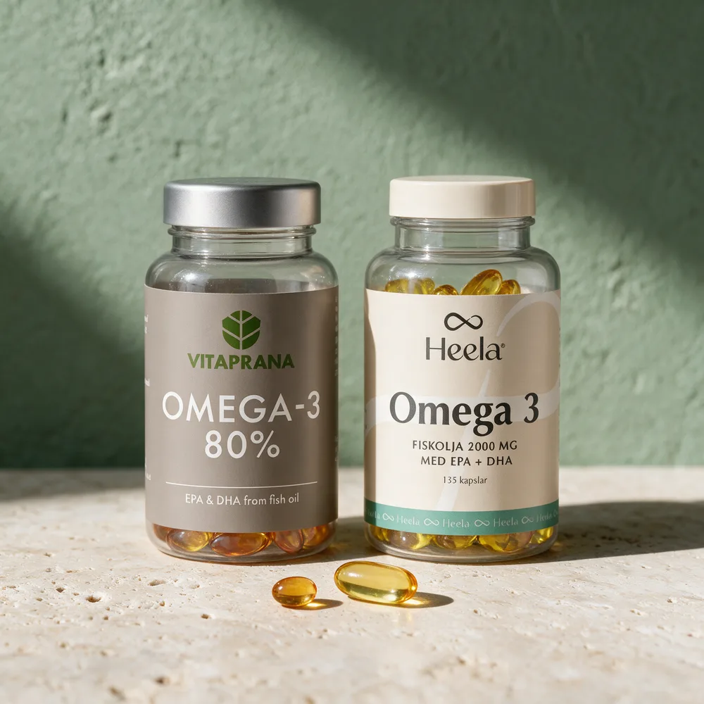 Vitaprana Omega-3 80 % og Heela Omega 3, med en liten og en stor kapsel foran boksene