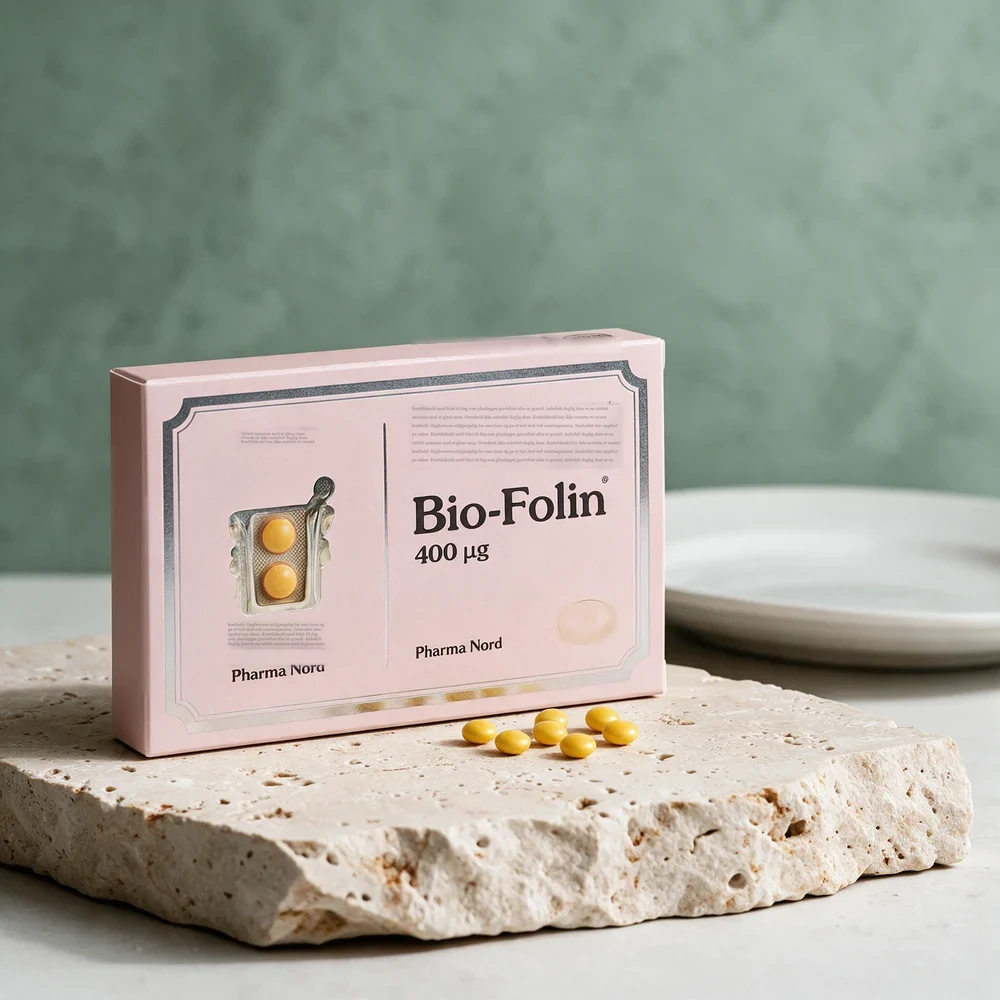 Pharma Nord Bio-Folin 400 µg, eske med runde, gule tabletter foran