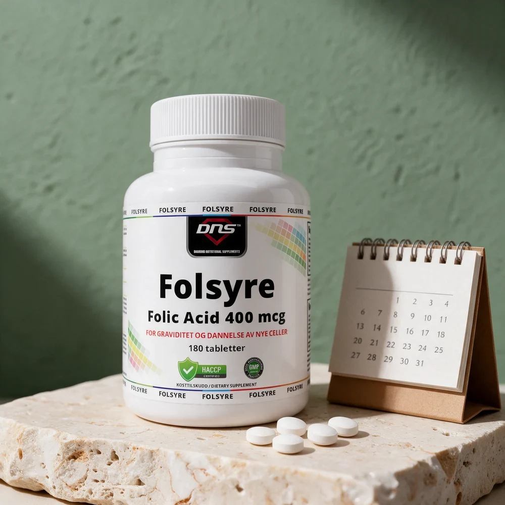 DNS Folsyre 400 mcg, boks merket 180 tabletter, med fem tabletter foran