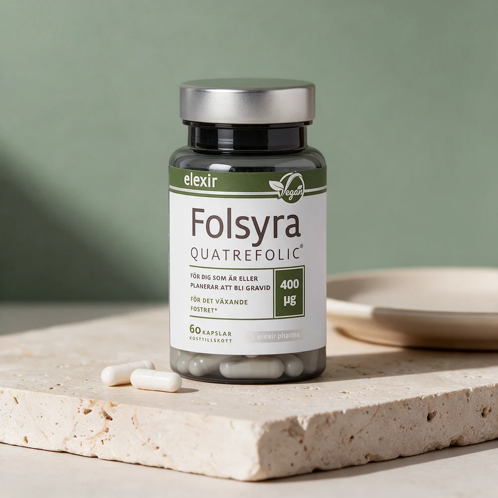 Elexir Pharma Folsyra Quatrefolic, røykgrå flaske med 60 kapsler, og to kapsler foran