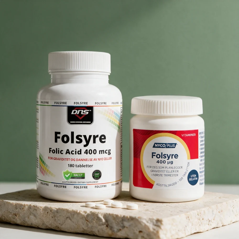 DNS Folsyre og Nycoplus Folsyre, begge med 400 µg folsyre i én tablett