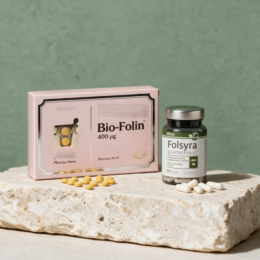 Pharma Nord Bio-Folin med gule tabletter og Elexir Pharma Folsyre med hvite kapsler