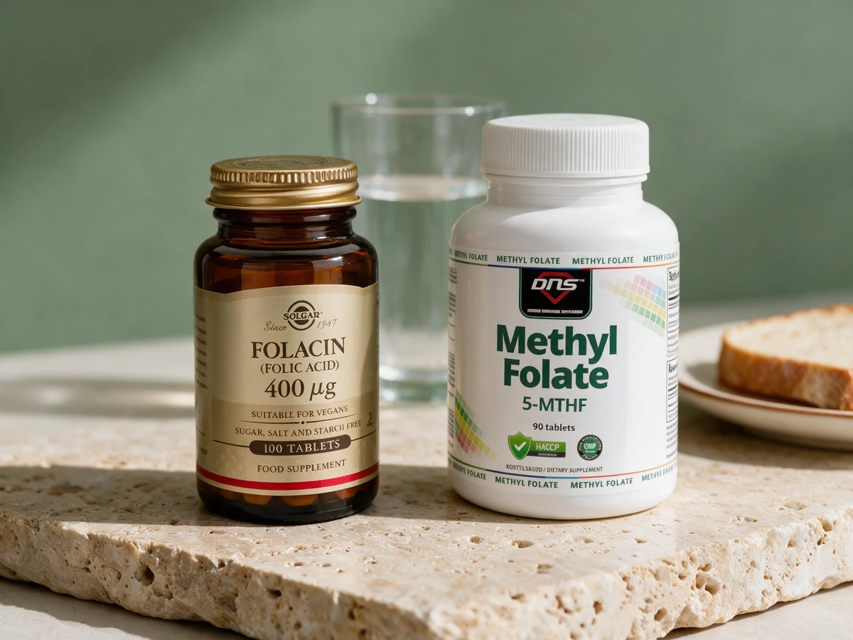 Solgar Folacin i brun glassflaske og DNS Methyl Folate, som tas med vann