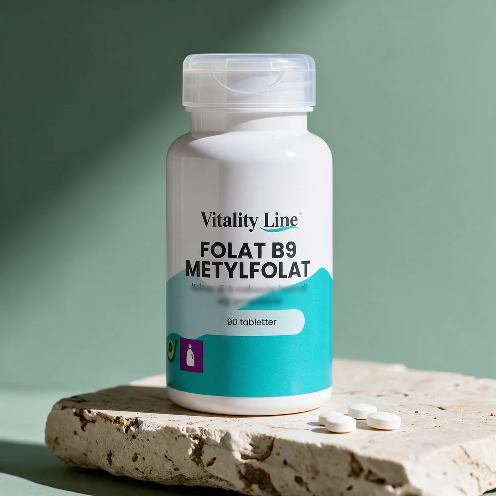 Vitality Line Folat B9 Metylfolat, boks med 90 tabletter, og tre tabletter foran