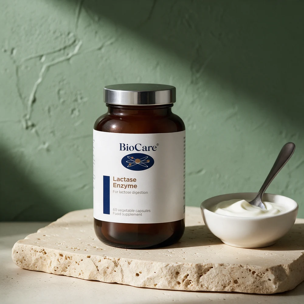 BioCare Lactase Enzyme i brun glassboks, etiketten sier «For lactose digestion»
