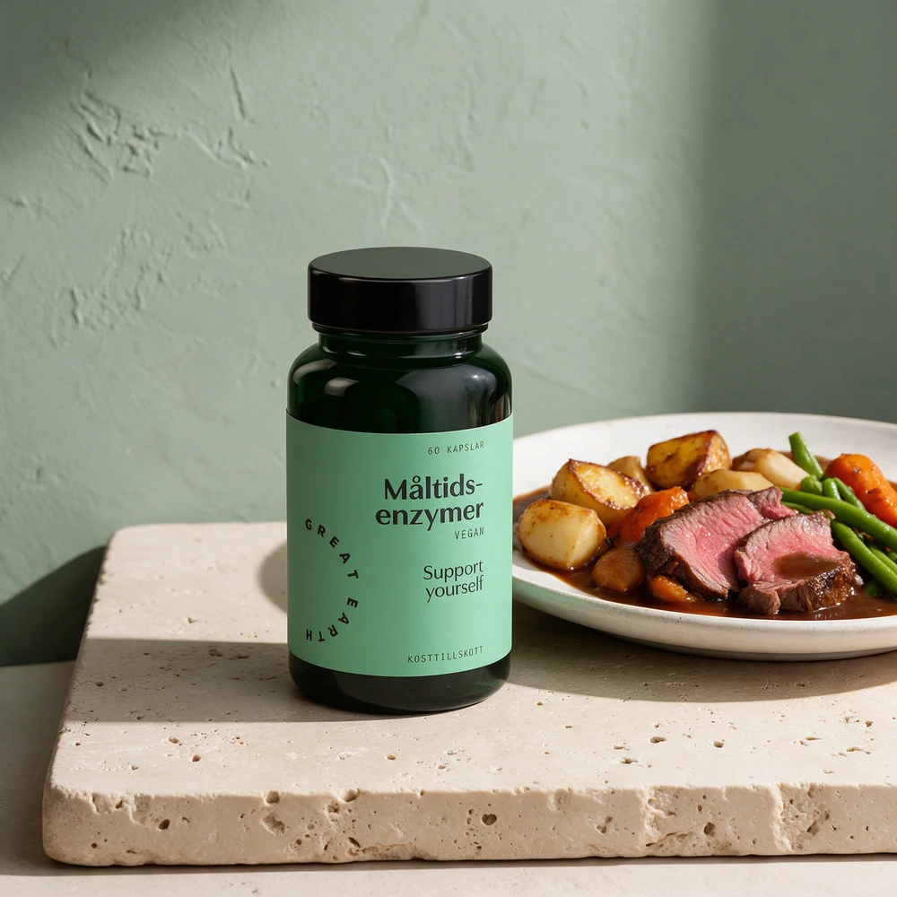 Great Earth Måltidsenzymer i mørkegrønn glassboks merket vegan